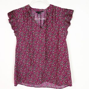 BANANA REPUBLIC FACTORY PINK FLORAL CAP SLEEVE BLOUSE WITH TIES SZ SMALL